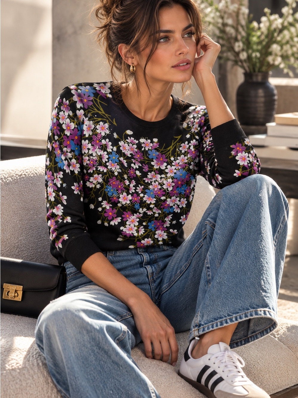 Black Floral Crewneck Sweater with Pink & Purple Blooms and Rhinestones